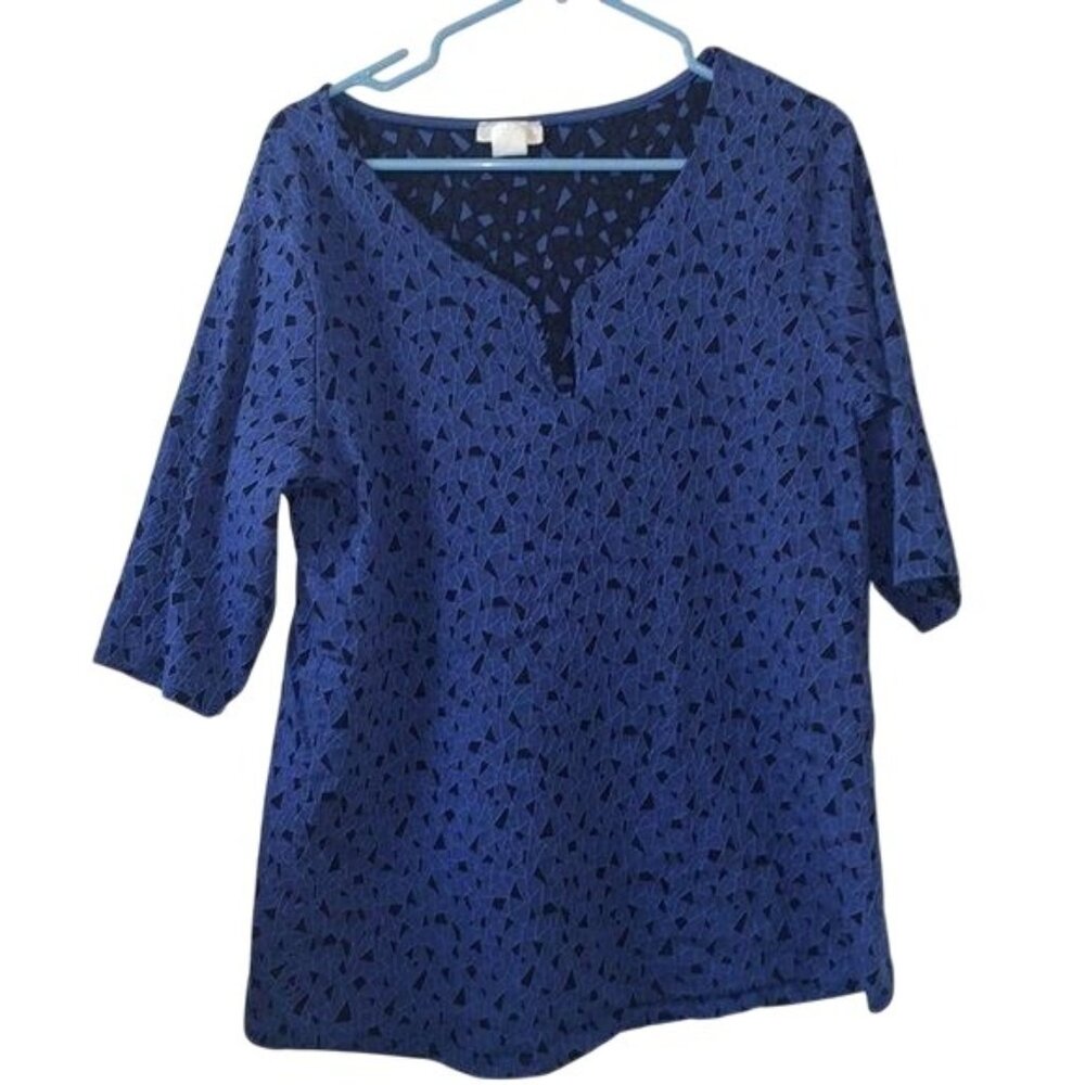 Blue Patterned Womens V-Neck 3/4 Sleeve Top Made In USA 5XL Lightweight Polyeste